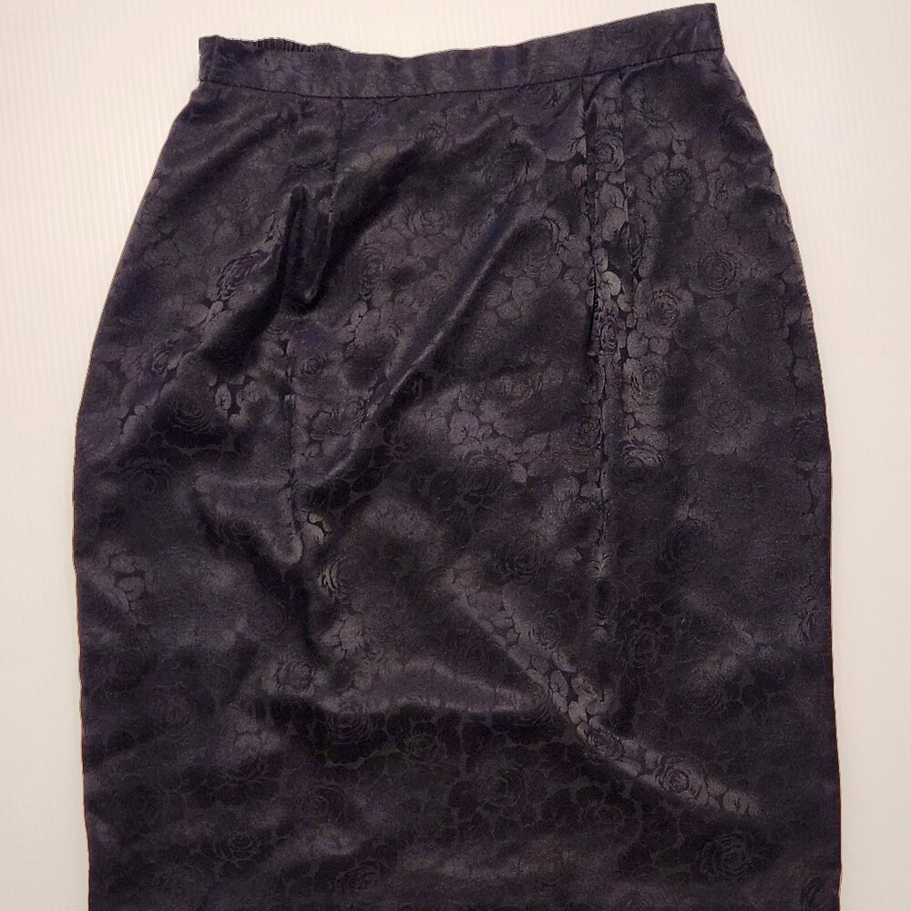 Vintage 100% Silk Pencil Skirt, Floral Jacquard, Black, Size 12